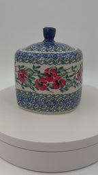 Polish pottery 9oz” square foral sugar bowl in Red Pansy Pattern. 
Ceramika Artystyczna Company