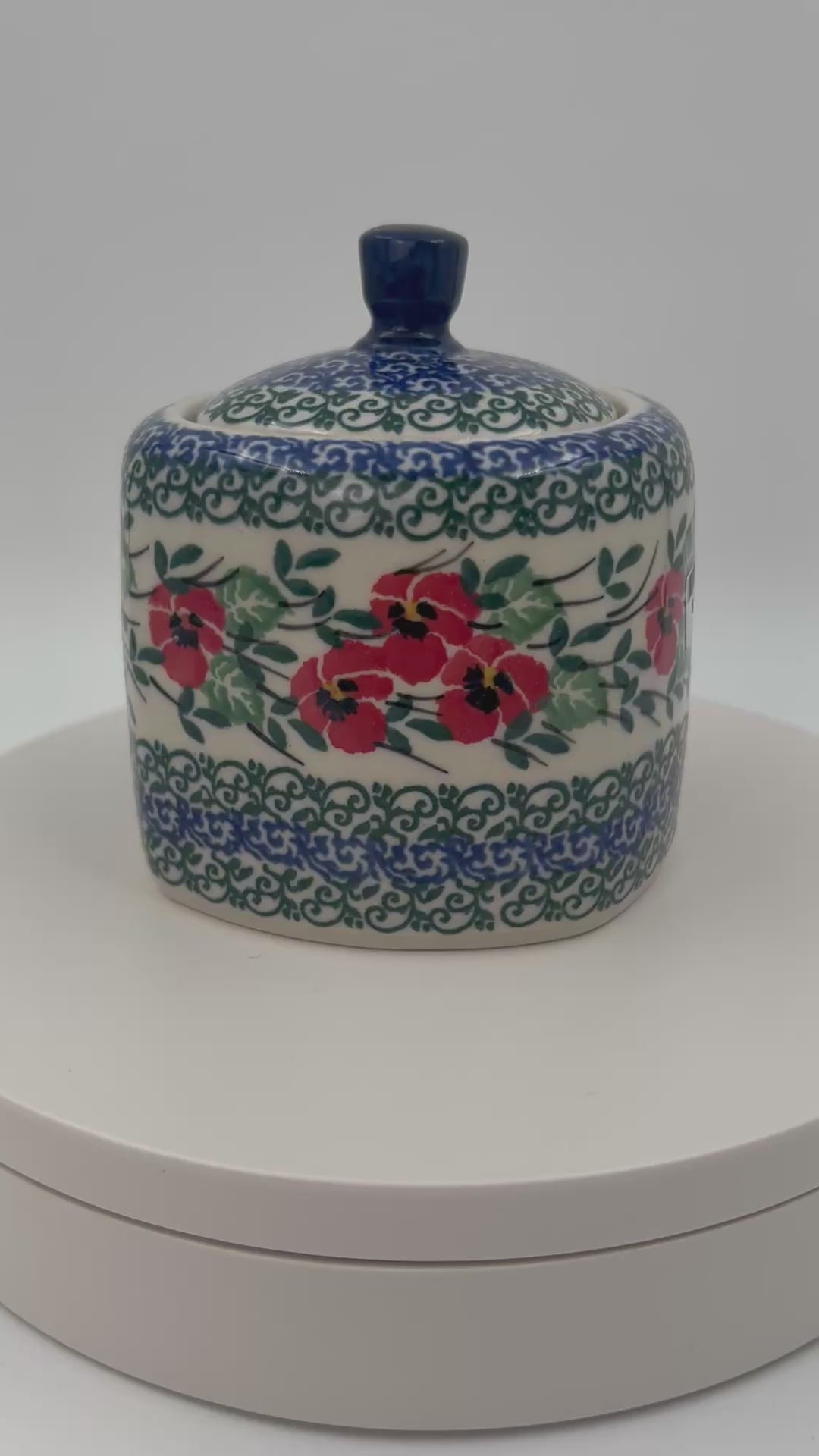 Polish pottery 9oz” square foral sugar bowl in Red Pansy Pattern. 
Ceramika Artystyczna Company