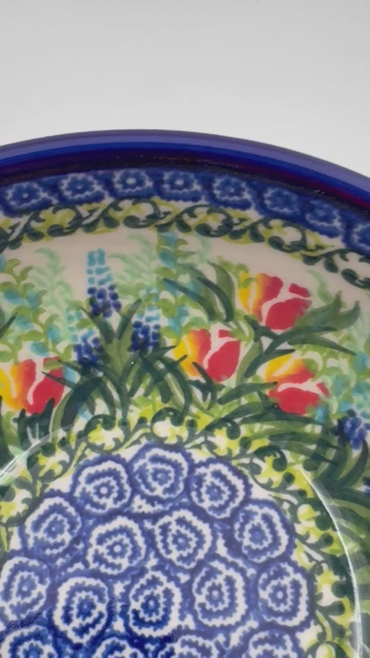 6” Bowl.  Hand crafted Polish pottery stoneware:  Tulips and Bees Design