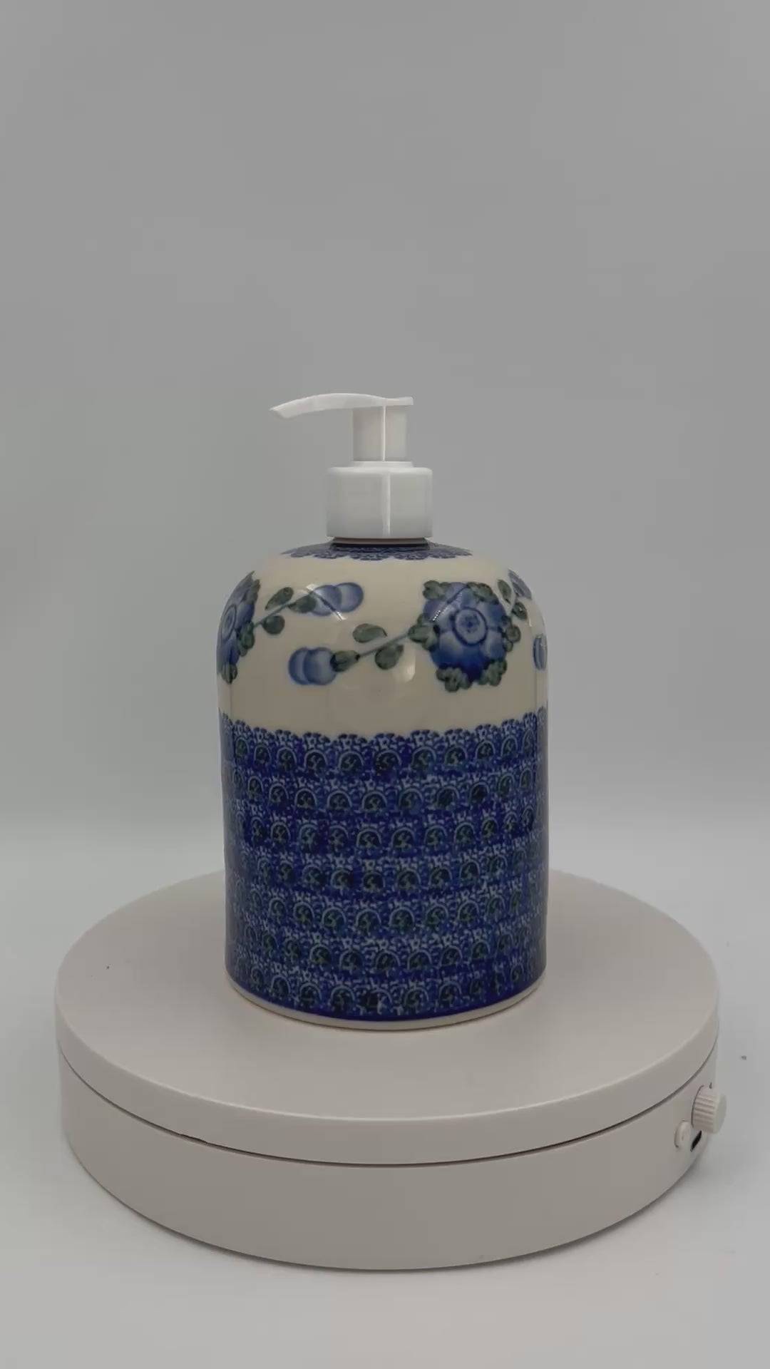 Soap Dispenser 7”.  Handmade Polish pottery.  Blue Poppies