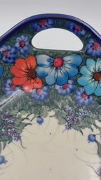 10" Bowl with Handles. Hand crafted Polish pottery stoneware:  UNIKAT Forget Me Not Pansy Pattern