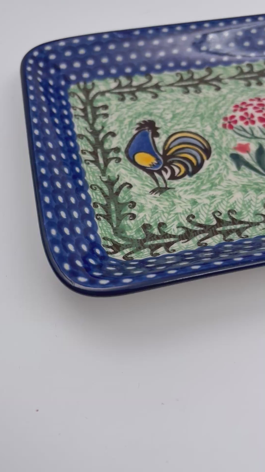 13" Platter  Hand crafted Polish pottery stoneware: UNIKAT Rooster Dance Design.