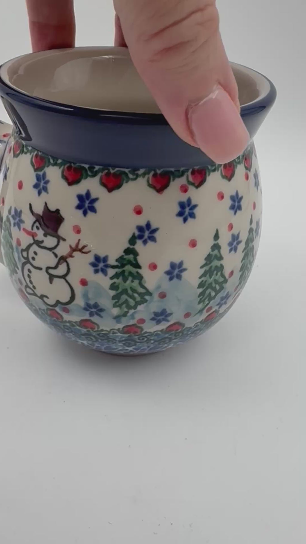 12 oz Bubble Mug. Handcrafted Polish pottery stoneware:  UNIKAT Snowman Stroll
