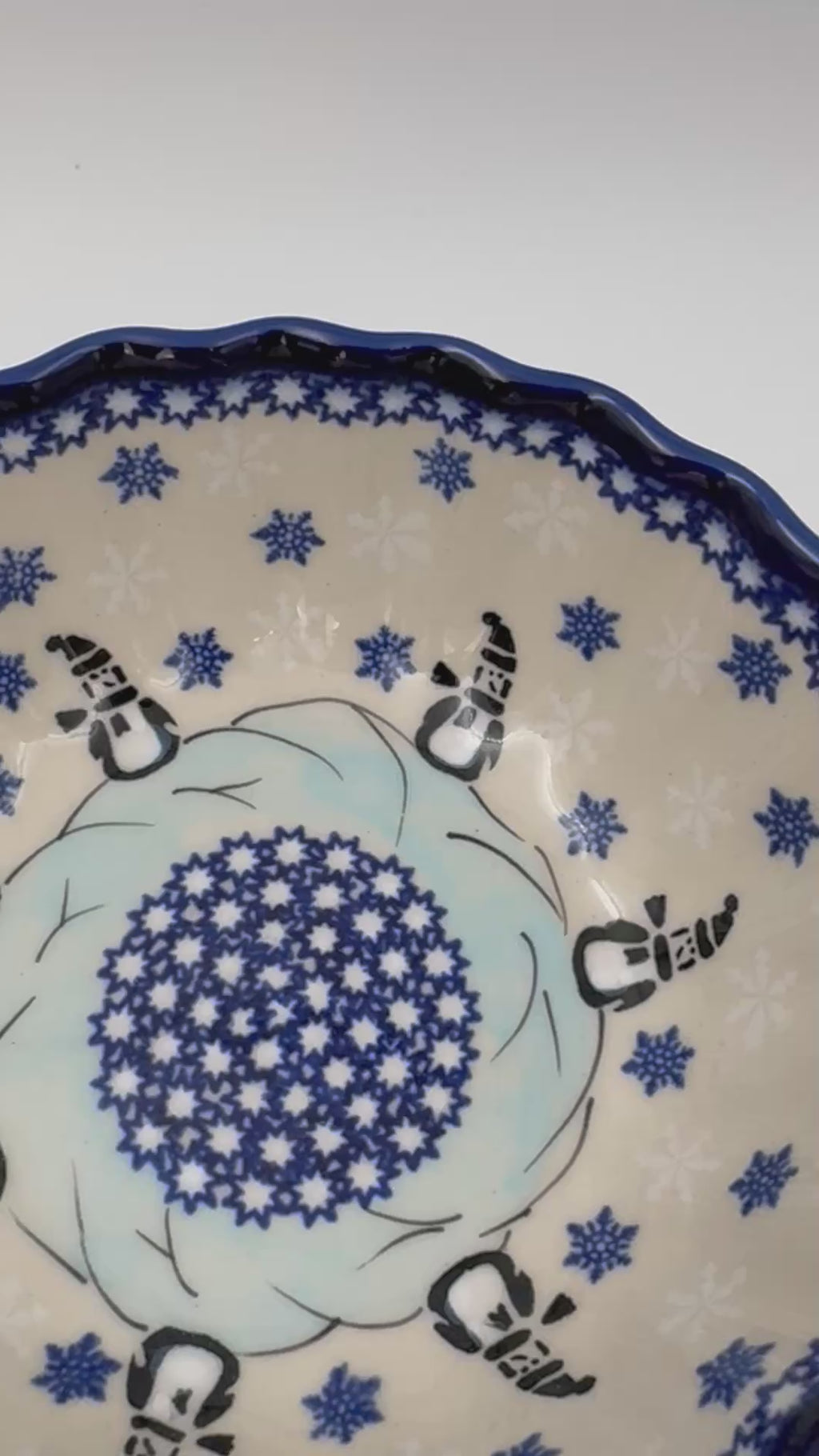 6” Shell Bowl.  Hand crafted Polish pottery stoneware:  Snowman Penguins Design