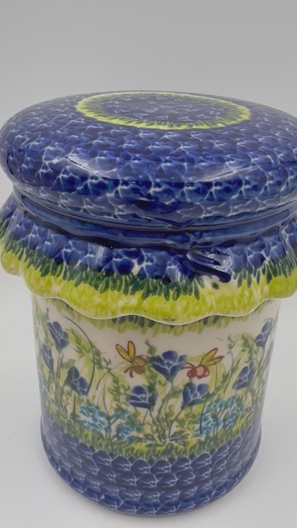 7" Container with Ruffled Lid Large.  Handmade Polish pottery.  UNIKAT Bluebell Meadow Design
