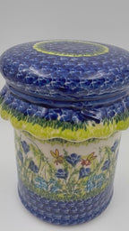 7" Container with Ruffled Lid Large.  Handmade Polish pottery.  UNIKAT Bluebell Meadow Design