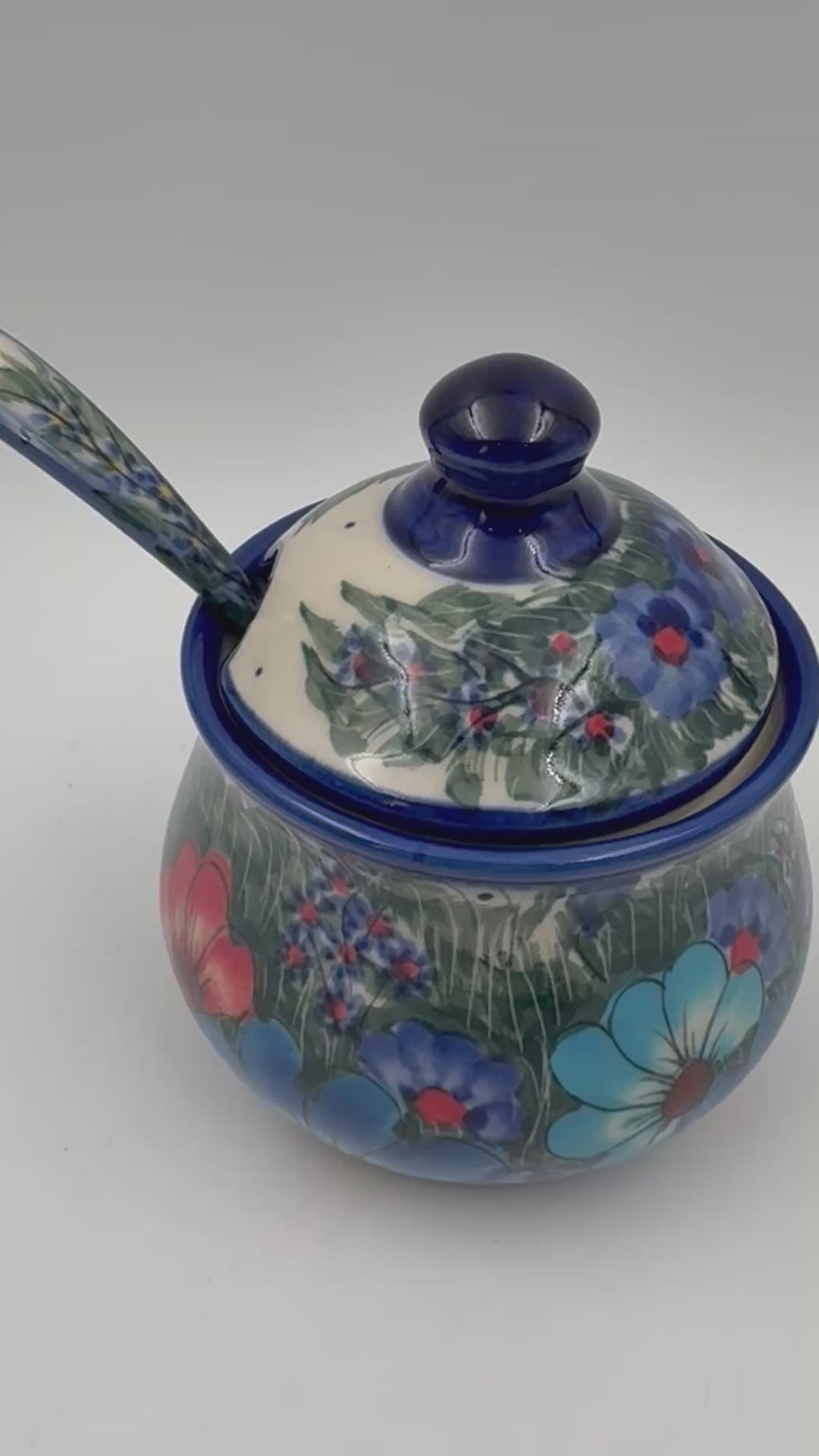 Sugar Jar with spoon.  UNIKAT Forget Me Not Pansy Pattern