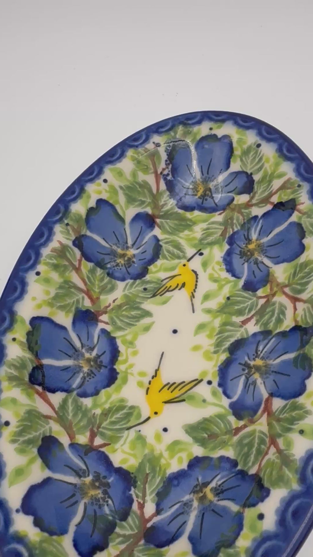 7" Oval Milano Platter  Hand crafted Polish pottery stoneware: UNIKAT Blue Poppy Songbird