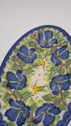 7" Oval Milano Platter  Hand crafted Polish pottery stoneware: UNIKAT Blue Poppy Songbird