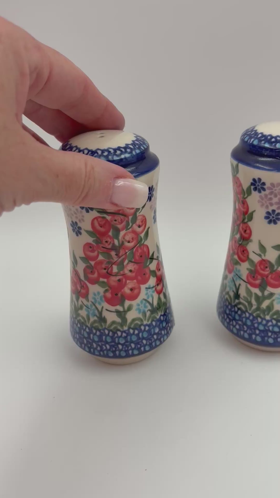 5” Salt and Pepper Shakers.  Handmade Polish pottery.  UNIKAT Red Berry