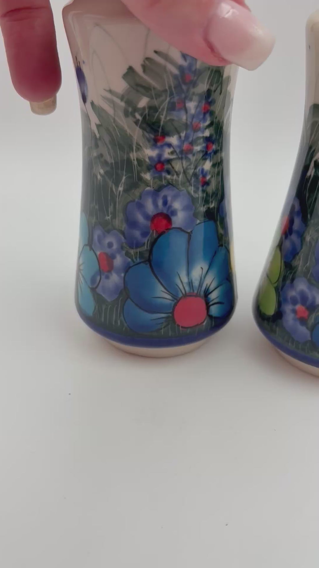 5” Salt and Pepper Shakers.  Handmade Polish pottery.  UNIKAT Forget Me Not Pansy