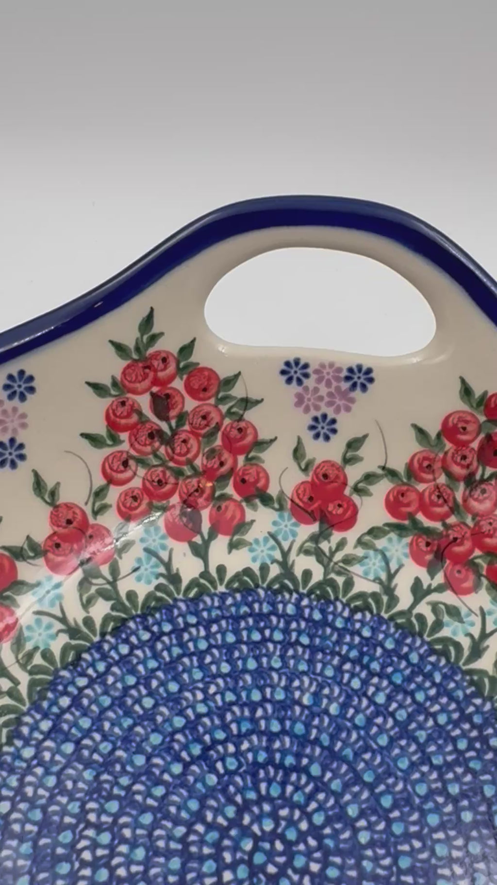 10" Bowl with Handles.  Hand crafted Polish pottery stoneware:  UNIKAT Red Berry Pattern