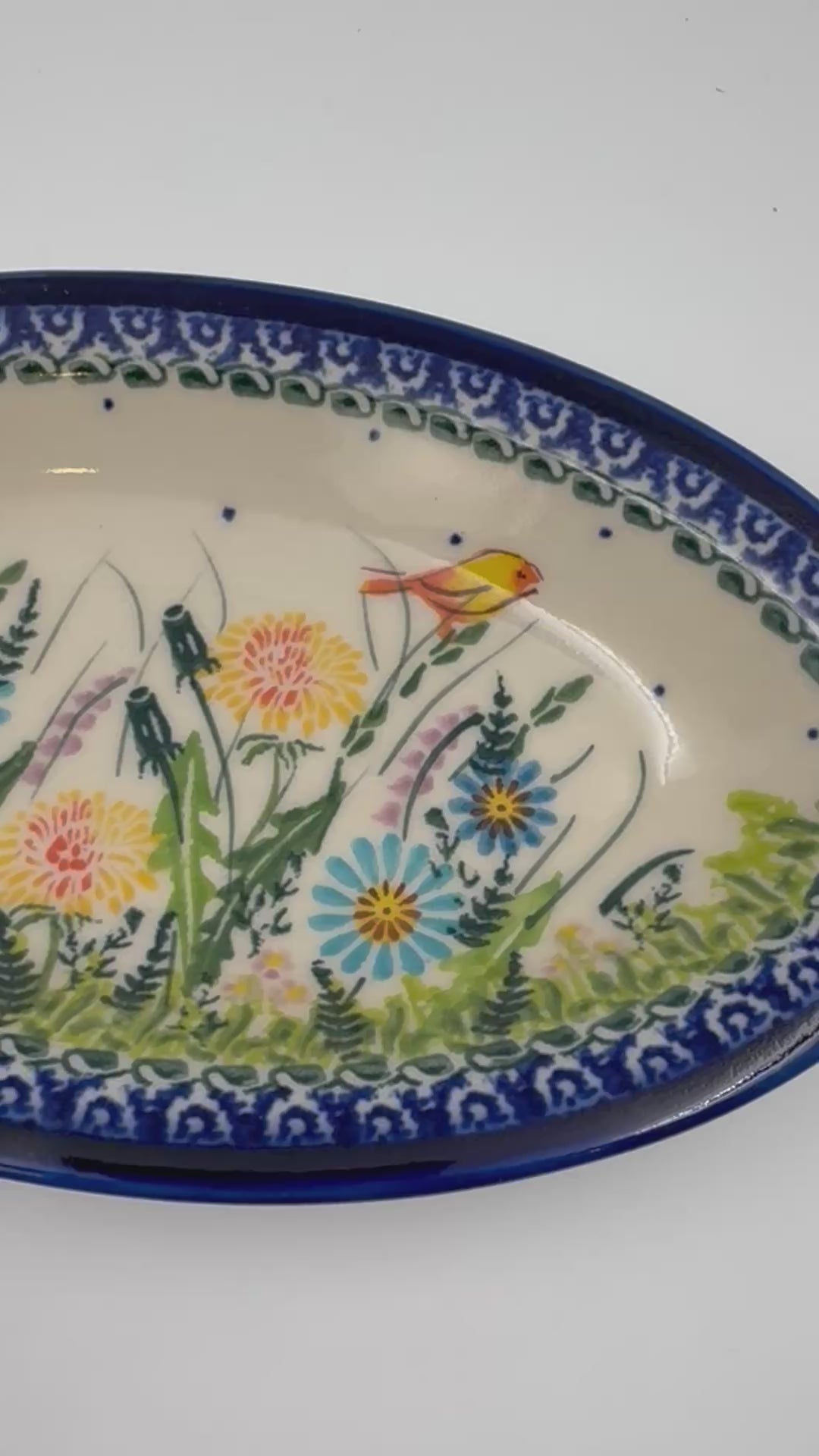 7" Oval Milano Platter  Hand crafted Polish pottery stoneware: UNIKAT Songbird Garden