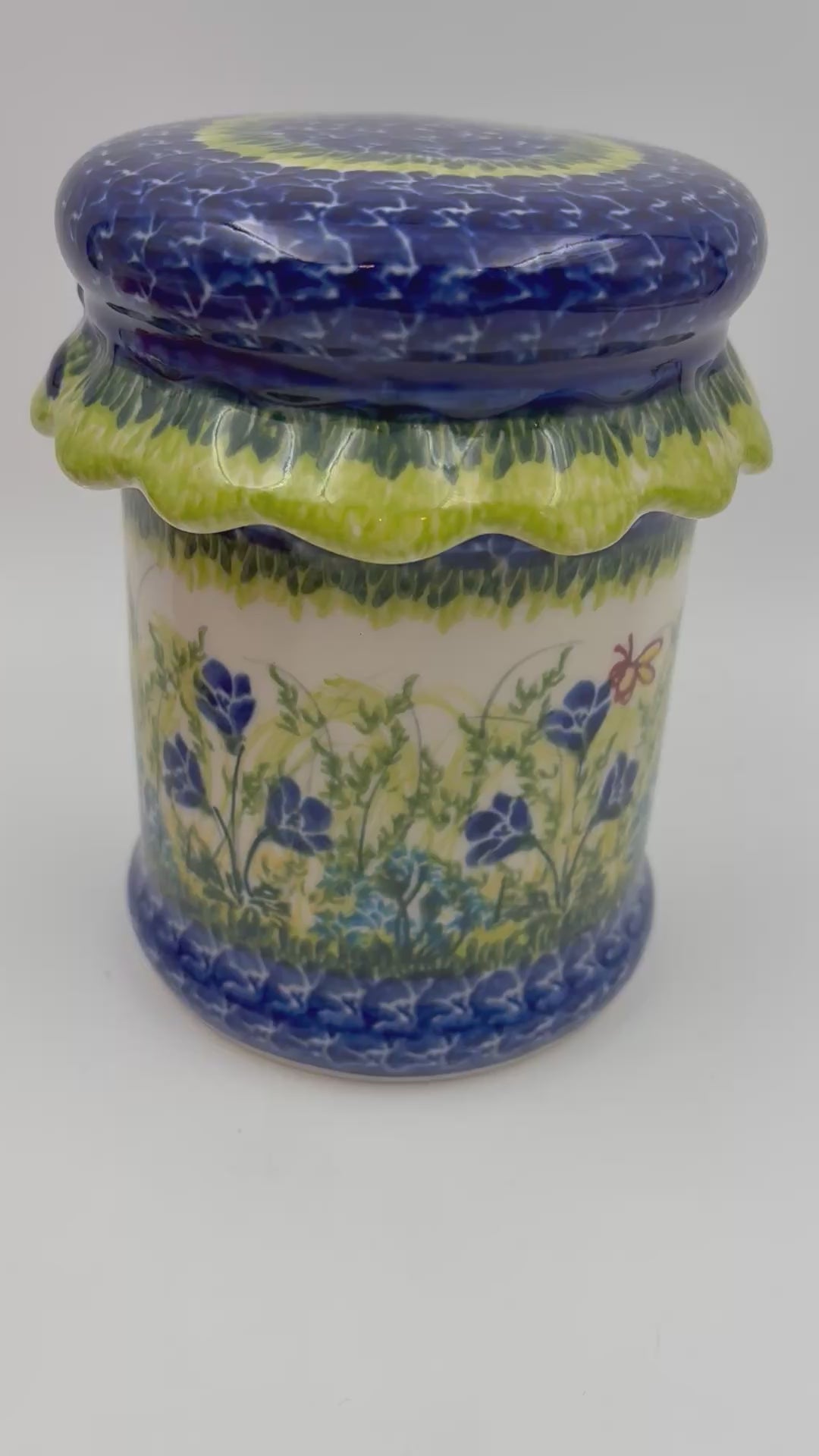 5" Container with Ruffled Lid Small.  Handmade Polish pottery.  UNIKAT Bluebell Meadow Design