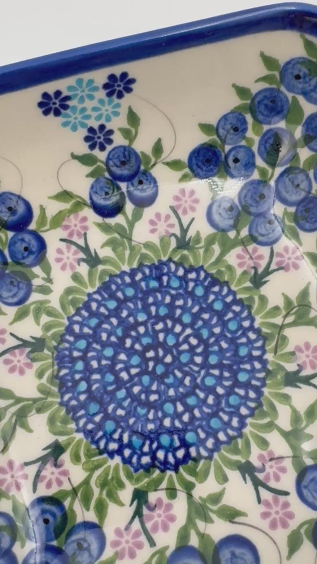 6” Square Bowl.  Hand crafted Polish pottery stoneware:   Unikat Blueberries