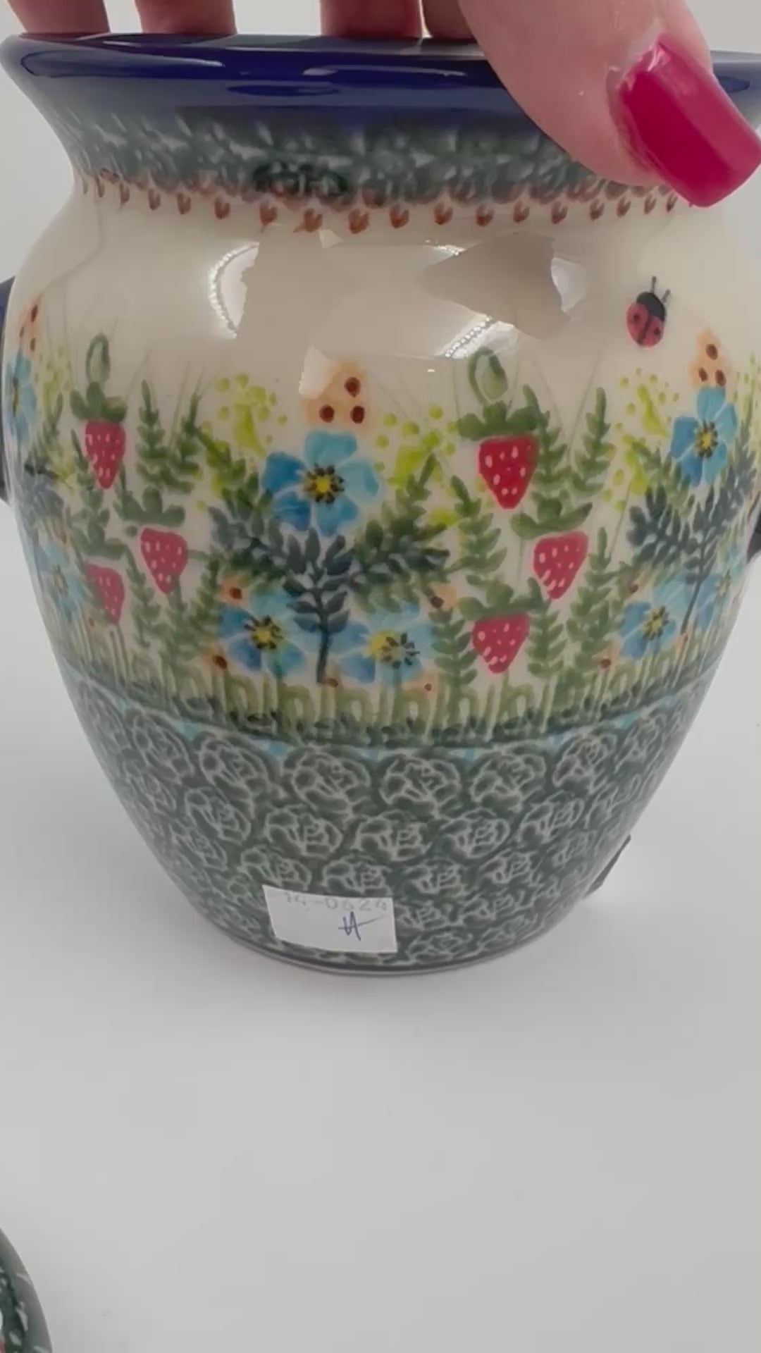 7" Lidded Jar.  Handmade Polish pottery.  UNIKAT Strawberry Fields