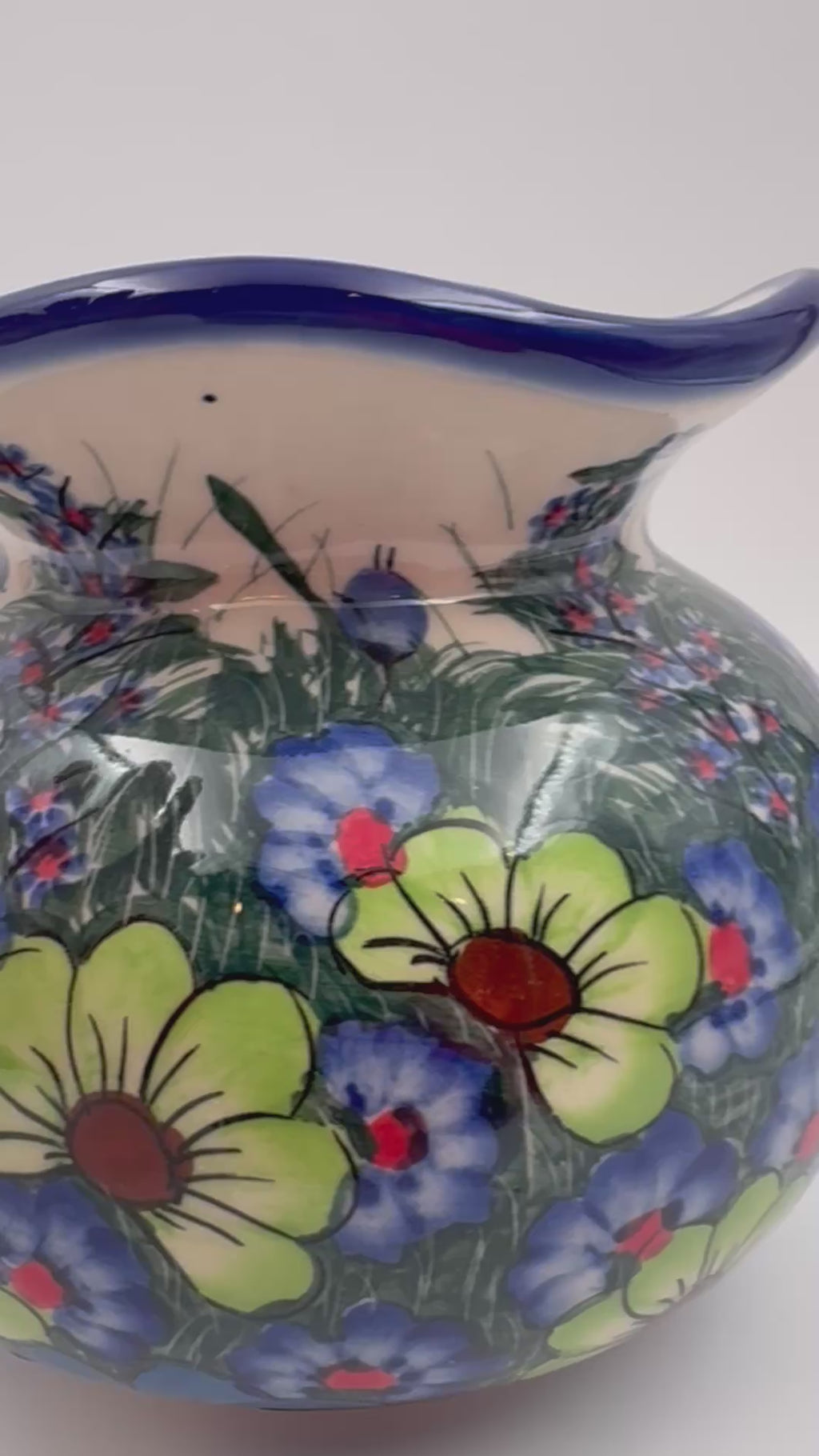 Kula Vase 5.5”.  Handmade Polish pottery.  UNIKAT Forget Me Not Pansy