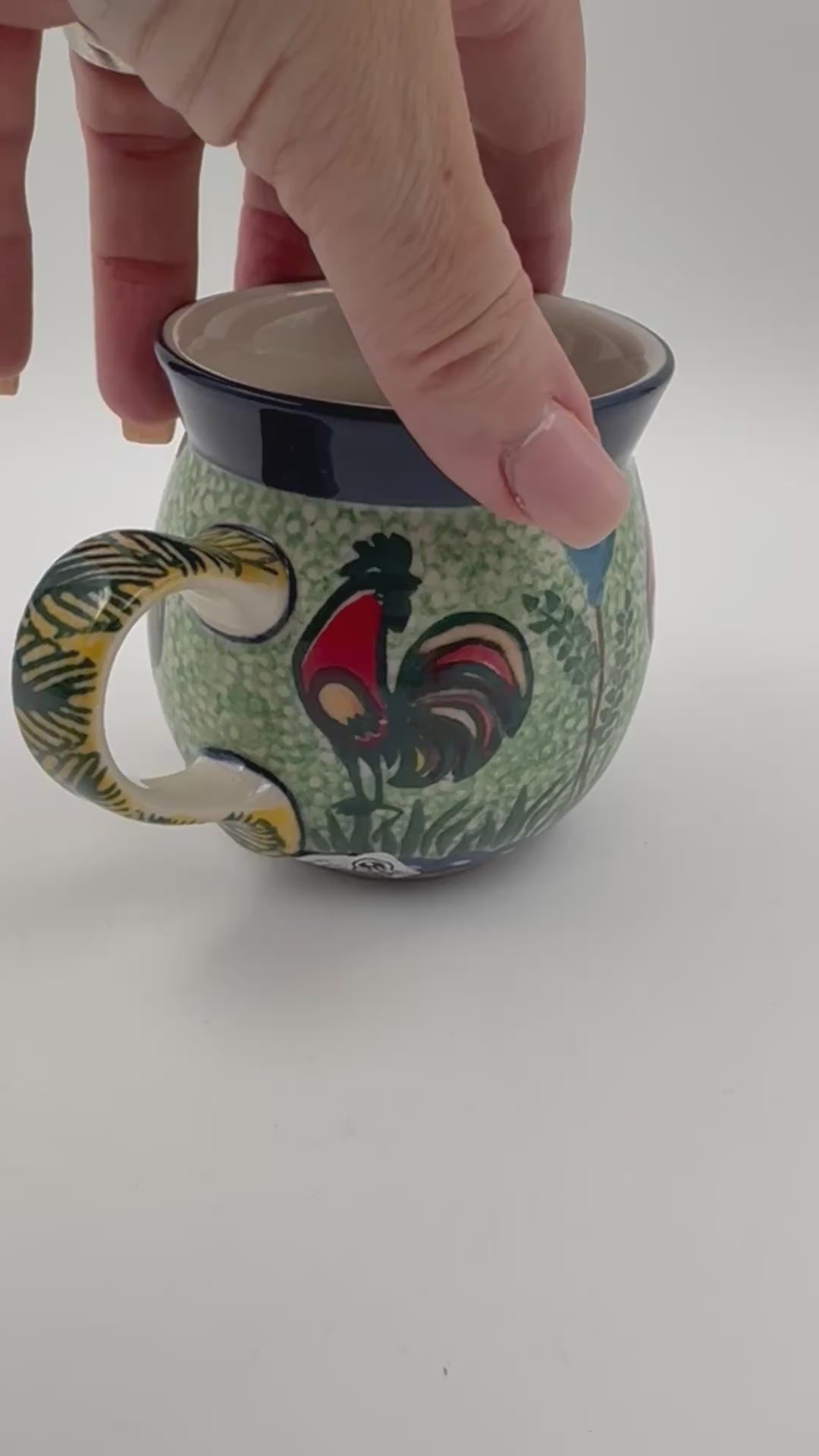 8 oz Bubble Mug. Handcrafted Polish pottery stoneware:  UNIKAT Rooster Parade
