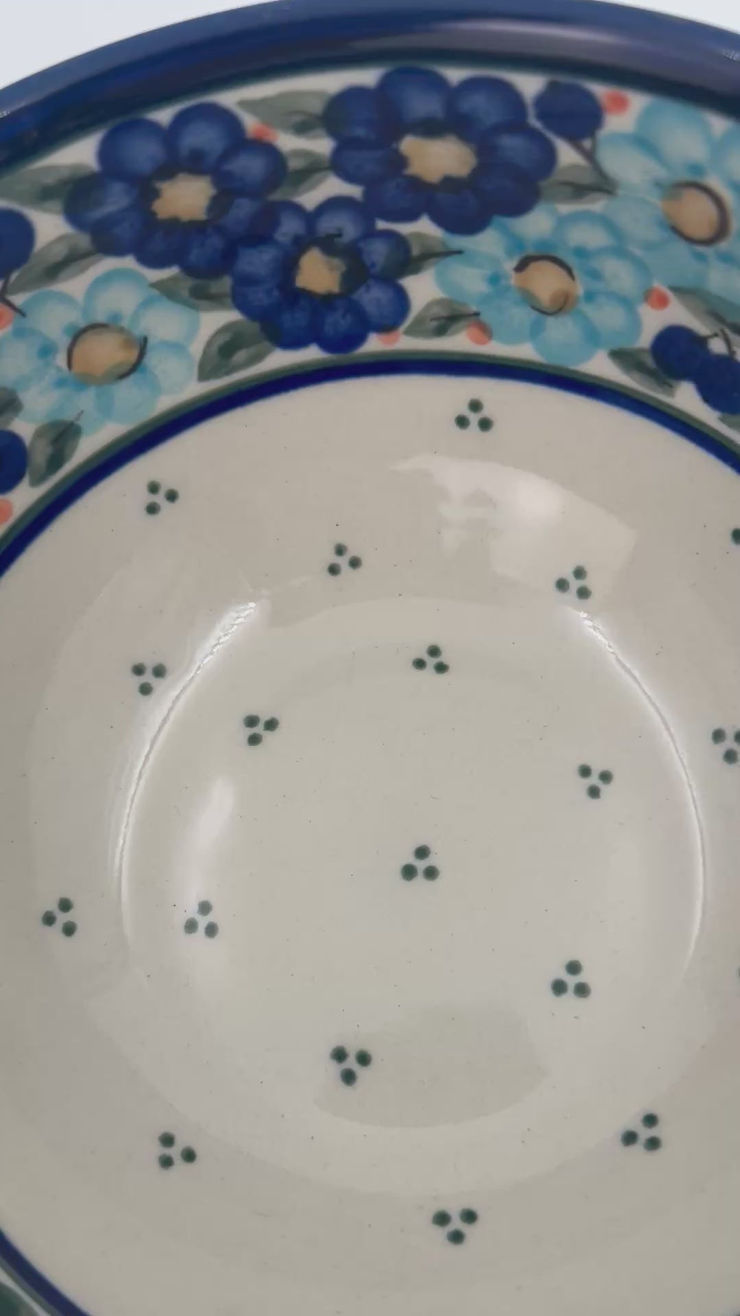 6.25” Deep Bowl.  Hand crafted Polish pottery stoneware:  Garden Party Blues