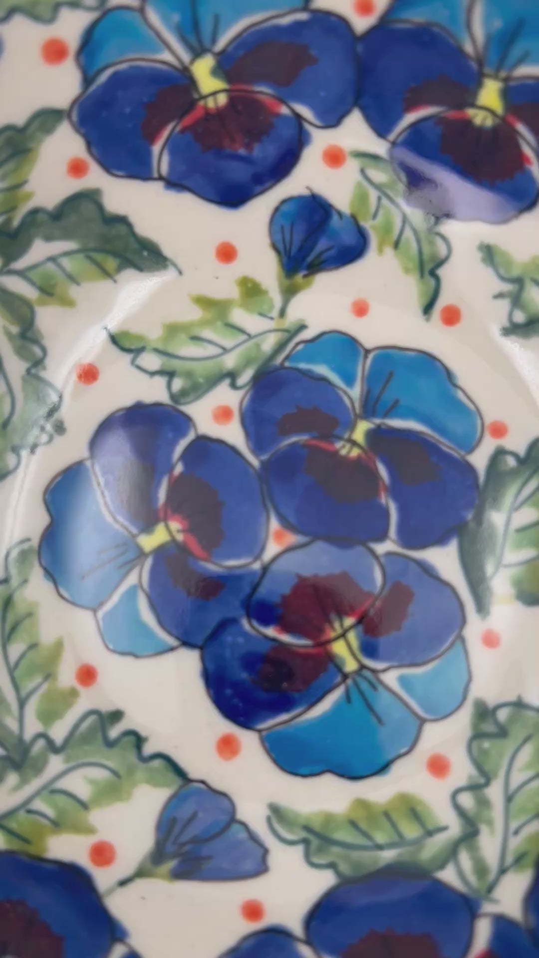 6.25” Deep Bowl.  Hand crafted Polish pottery stoneware:  Pansies In Bloom