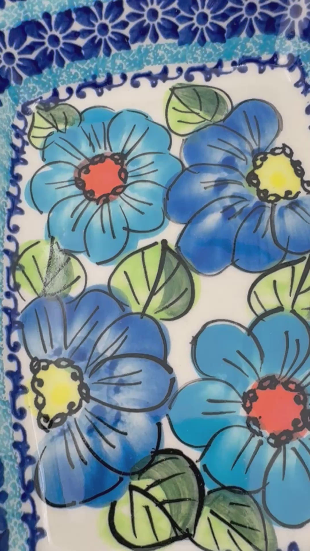 8” Baker Handmade in Poland.  UNIKAT Bold Blue Poppies Design