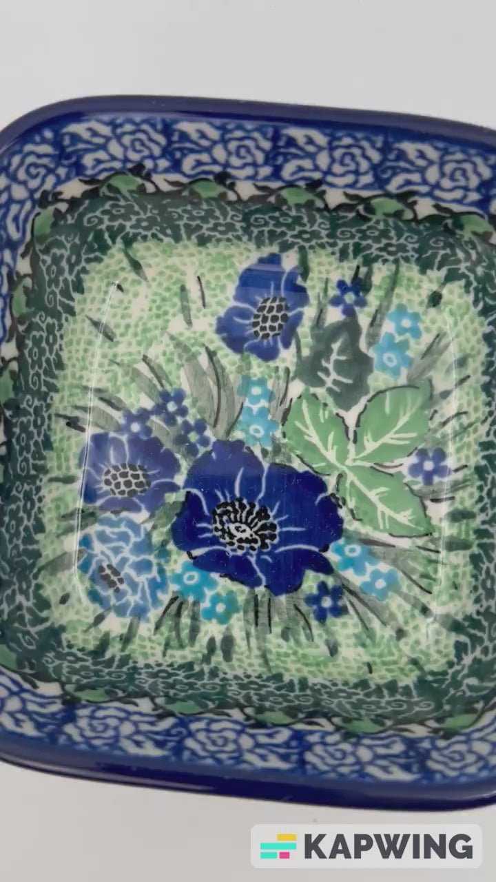 Polish pottery 4” square floral bowl in the UNIKAT Moody Blues Design. Ceramika Artystyczna Company
