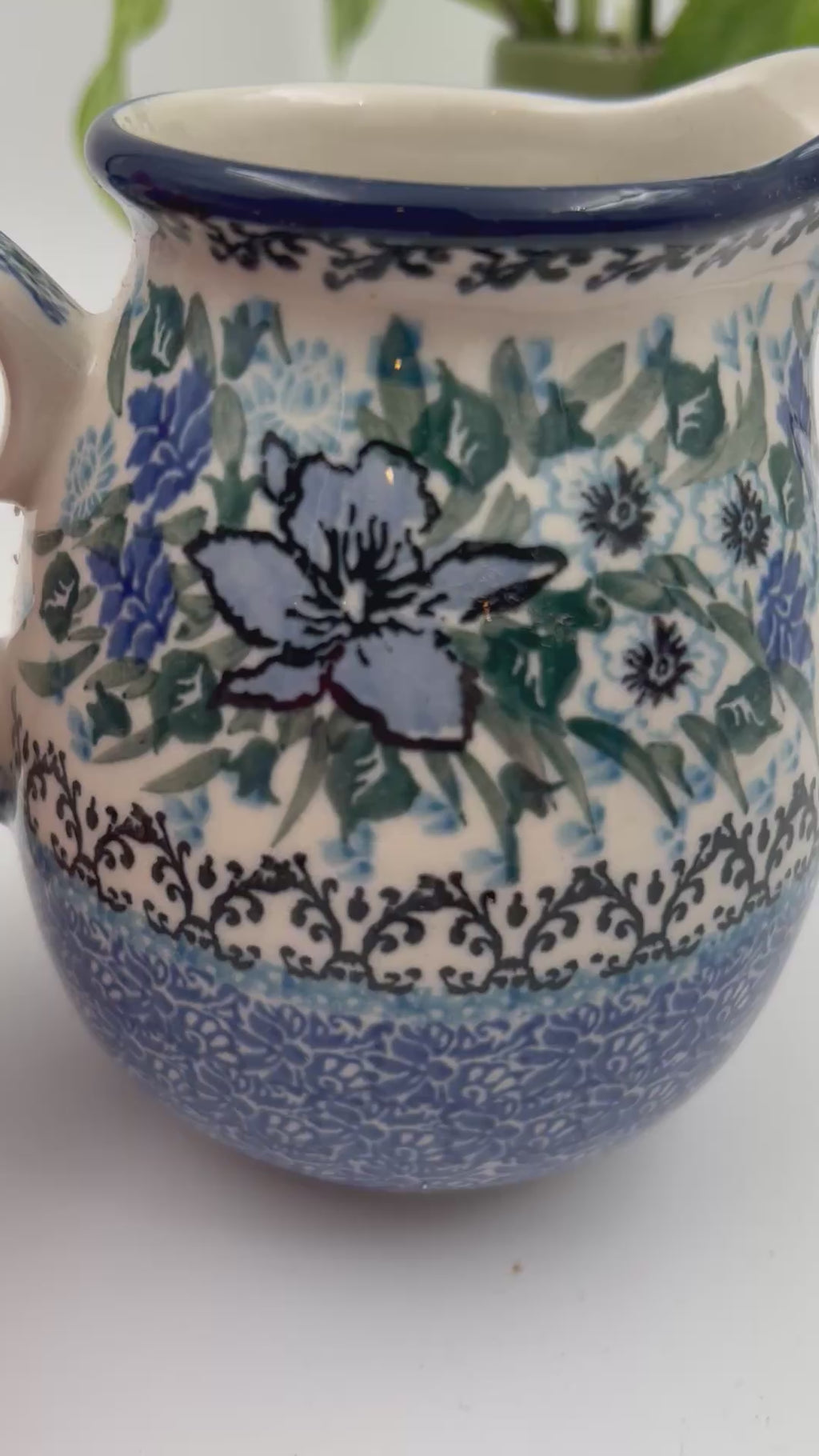 17 oz. Pitcher.  Hand painted Polish pottery stoneware.  UNIKAT Rhapsody in Blue