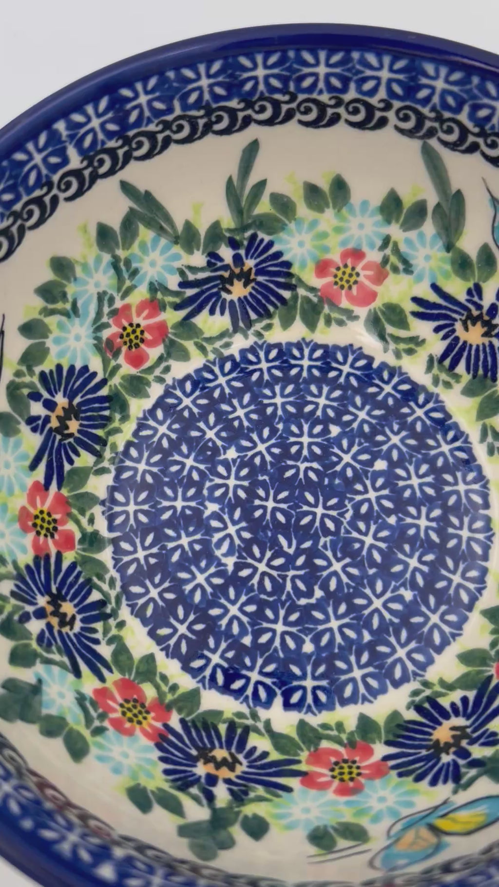6” Deep Bowl.  Hand crafted Polish pottery stoneware: UNIKAT Butterfly Flower Bed Design