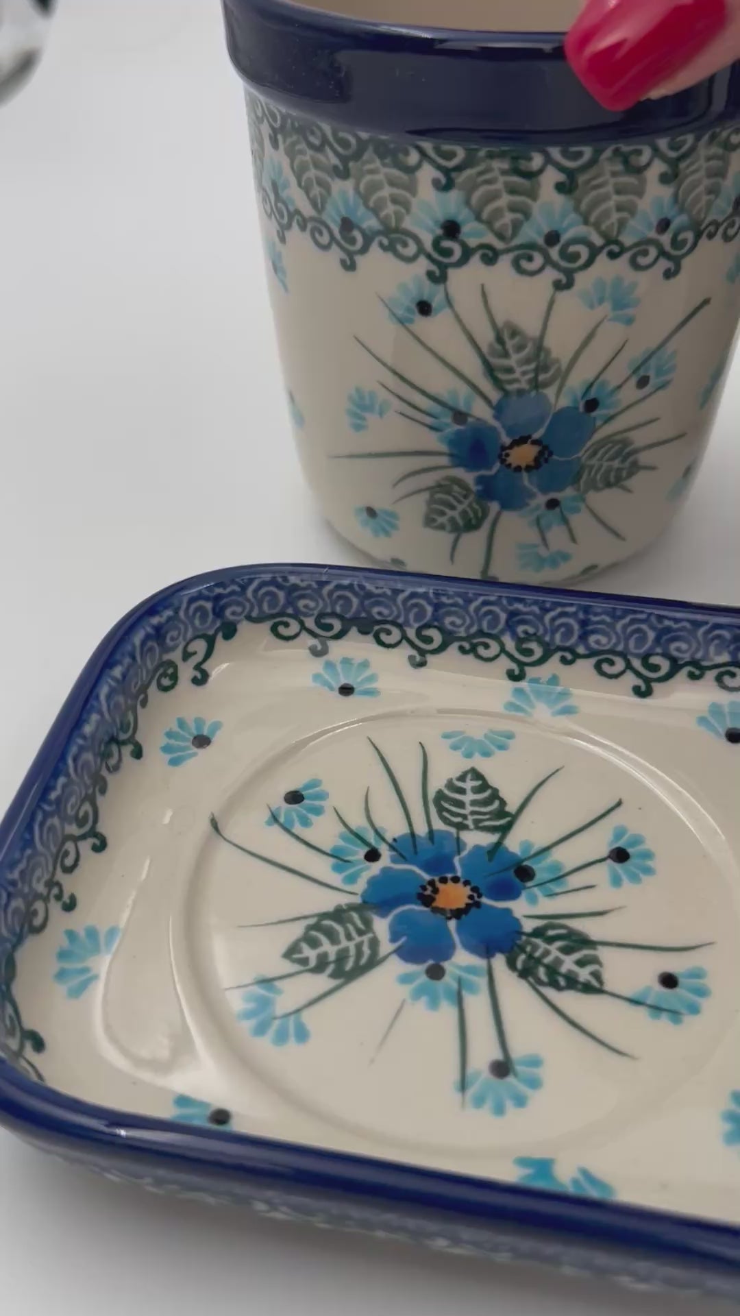 12” planter set of 3.  Handmade Polish pottery.  UNIKAT Forget Me Not Design