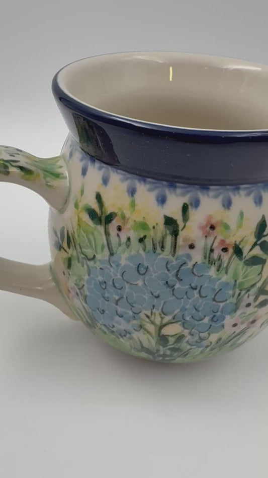 16 oz Bubble Mug. Handcrafted Polish pottery stoneware: UNIKAT Blue Hydrangea Design