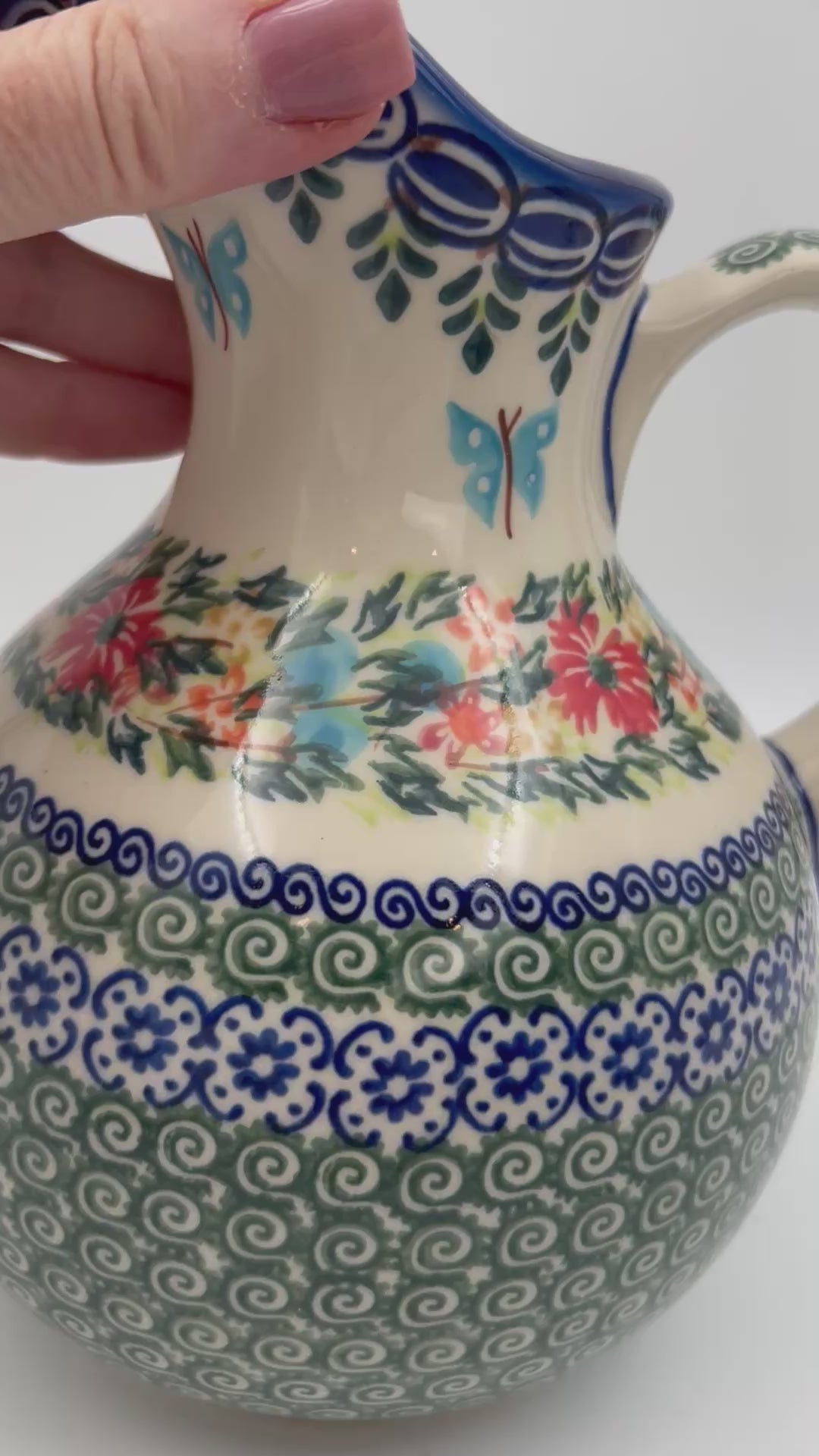 5 cup. Pitcher.  Hand painted Polish pottery stoneware.  UNIKAT Ring of Flowers
