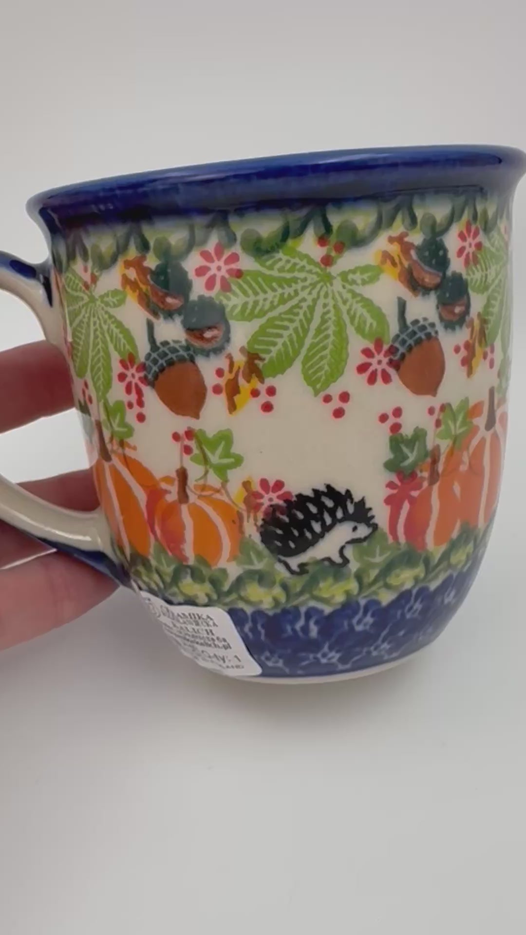 14 oz Viking Mug. Handcrafted Polish pottery stoneware:  UNIKAT Hedgehog and Pumpkins