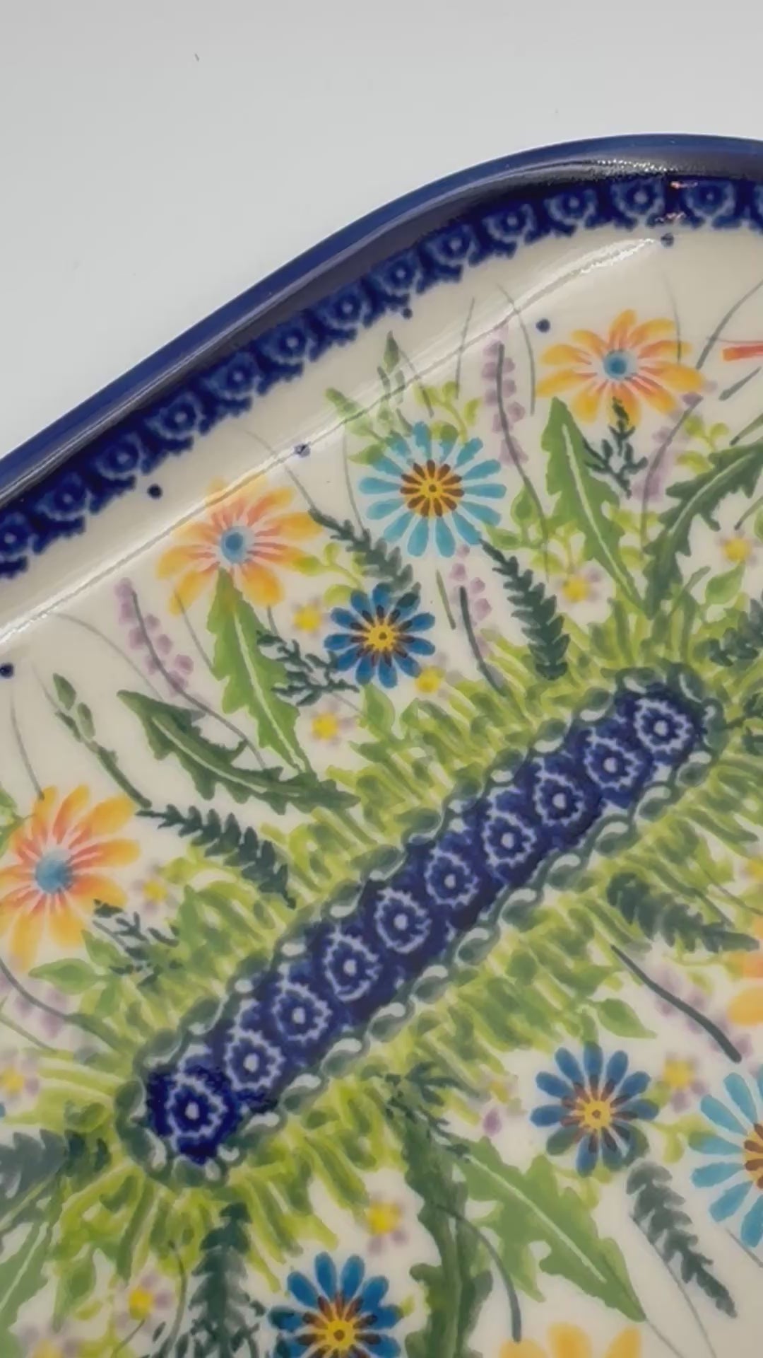 9” Oval Platter.  Hand crafted Polish pottery stoneware: UNIKAT Wildflower Meadow Design