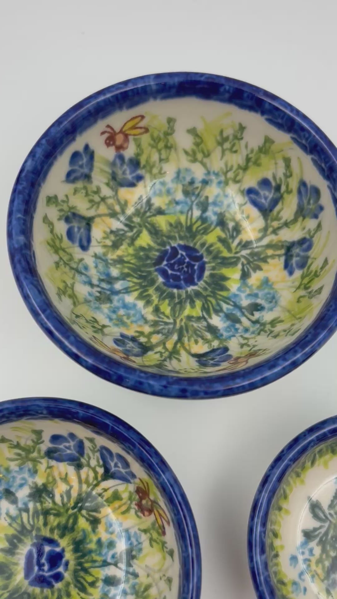 Small Set 3 stacking Bowls.  Hand crafted Polish pottery stoneware:  UNIKAT Bluebell Meadow