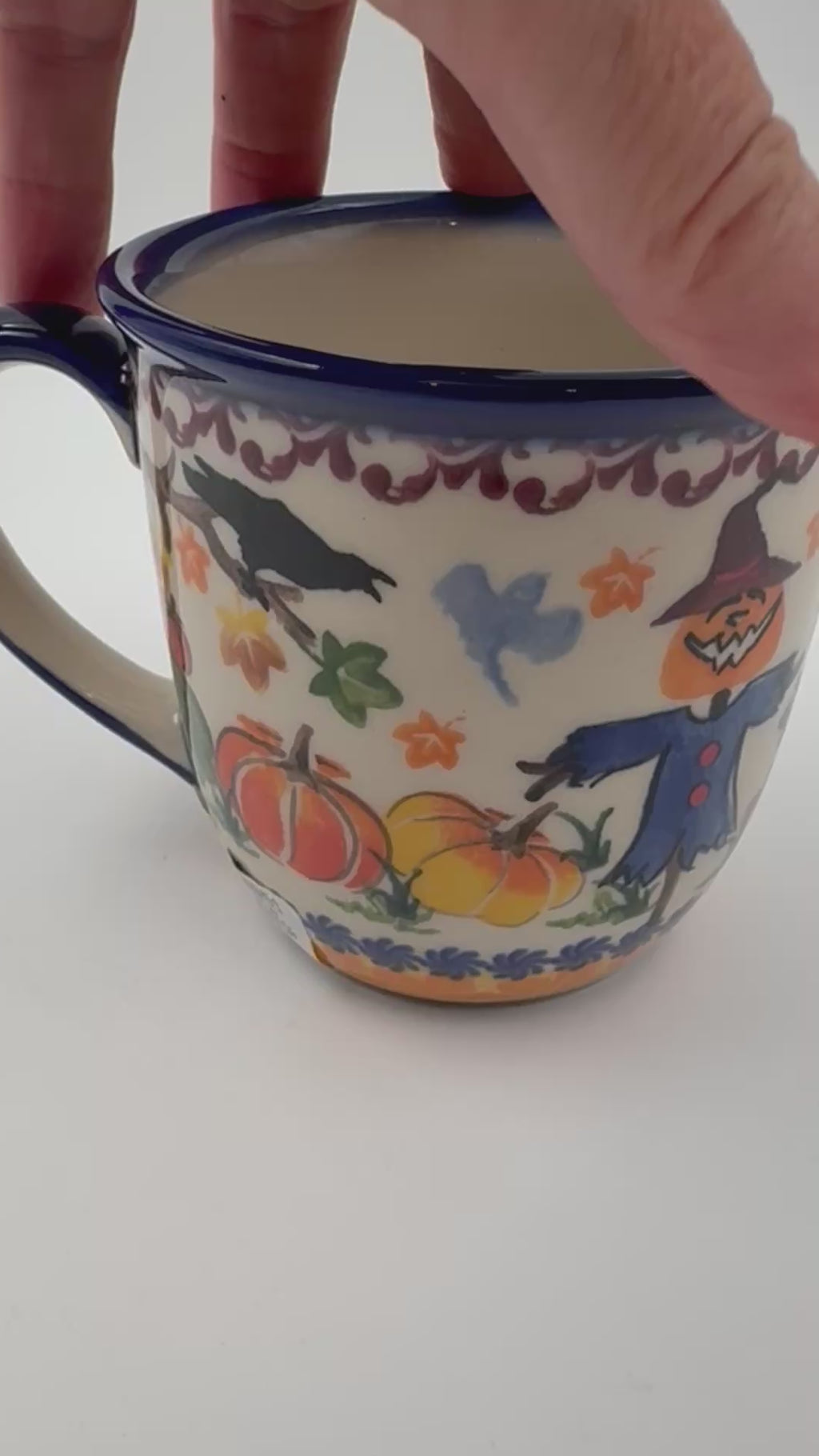 14 oz Viking Mug. Handcrafted Polish pottery stoneware:  UNIKAT Pumpkin Scarecrow Design