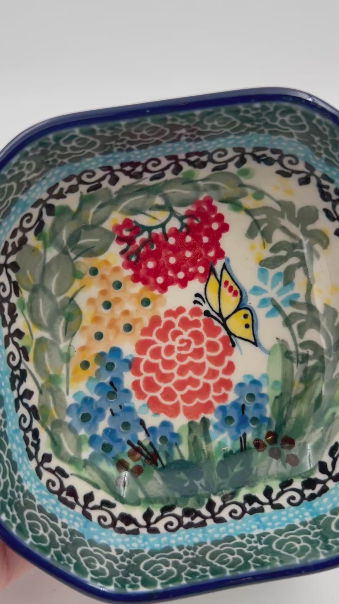 Polish pottery 4” floral square bowl.  Unikat Butterfly Garden Pattern.This Polish Pottery bowl is made by talented 
Dimensions: 4.33 square 
Ceramika Artystyczna Company