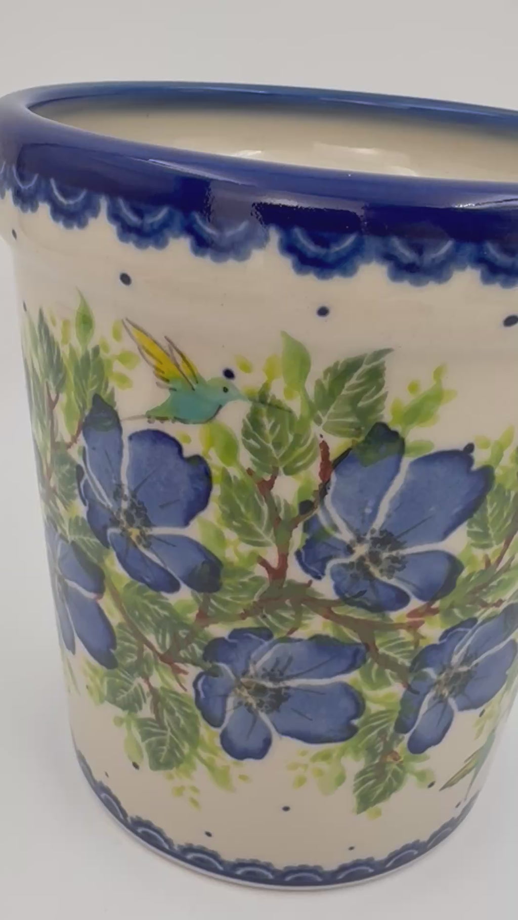 Utensil Jar 5.5”.  Handmade Polish pottery.  UNIKAT Blue Poppy Songbird