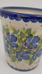 Utensil Jar 5.5”.  Handmade Polish pottery.  UNIKAT Blue Poppy Songbird