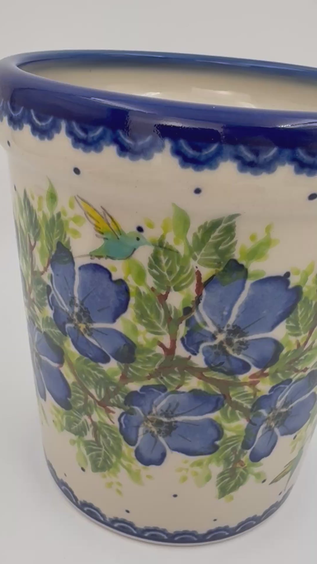 Utensil Jar 5.5”.  Handmade Polish pottery.  UNIKAT Blue Poppy Songbird