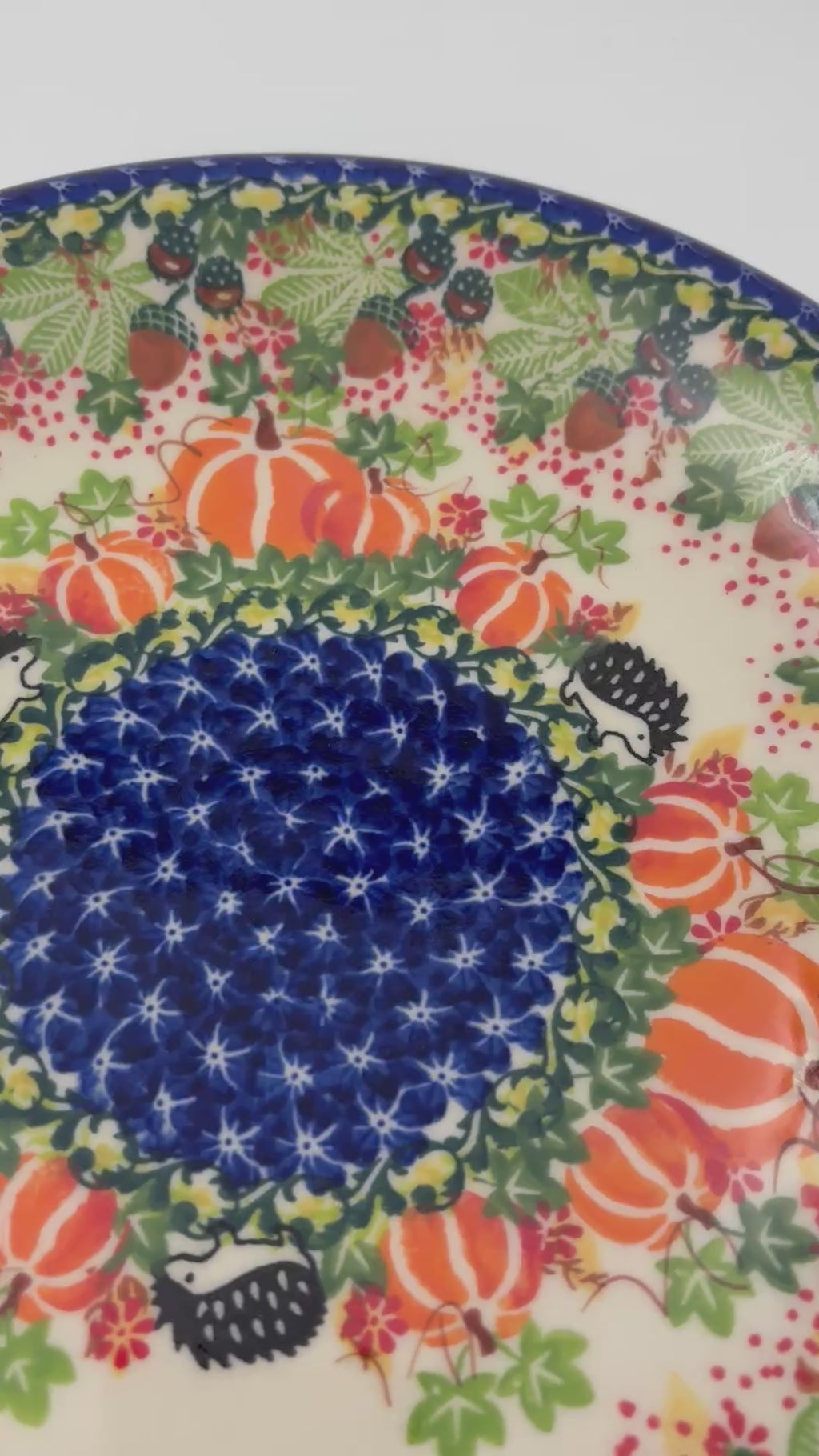 10.2” Plate.  Hand crafted Polish pottery stoneware: UNIKAT Hedgehog and Pumpkins