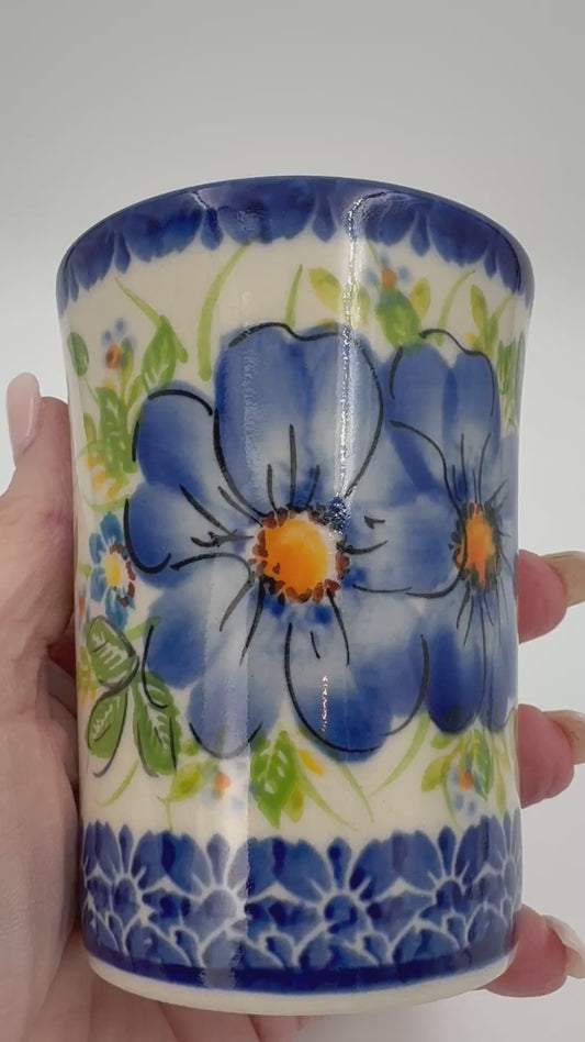 Mug Tumbler 7oz. Handcrafted Polish pottery stoneware:  UNIKAT Blue Daisy