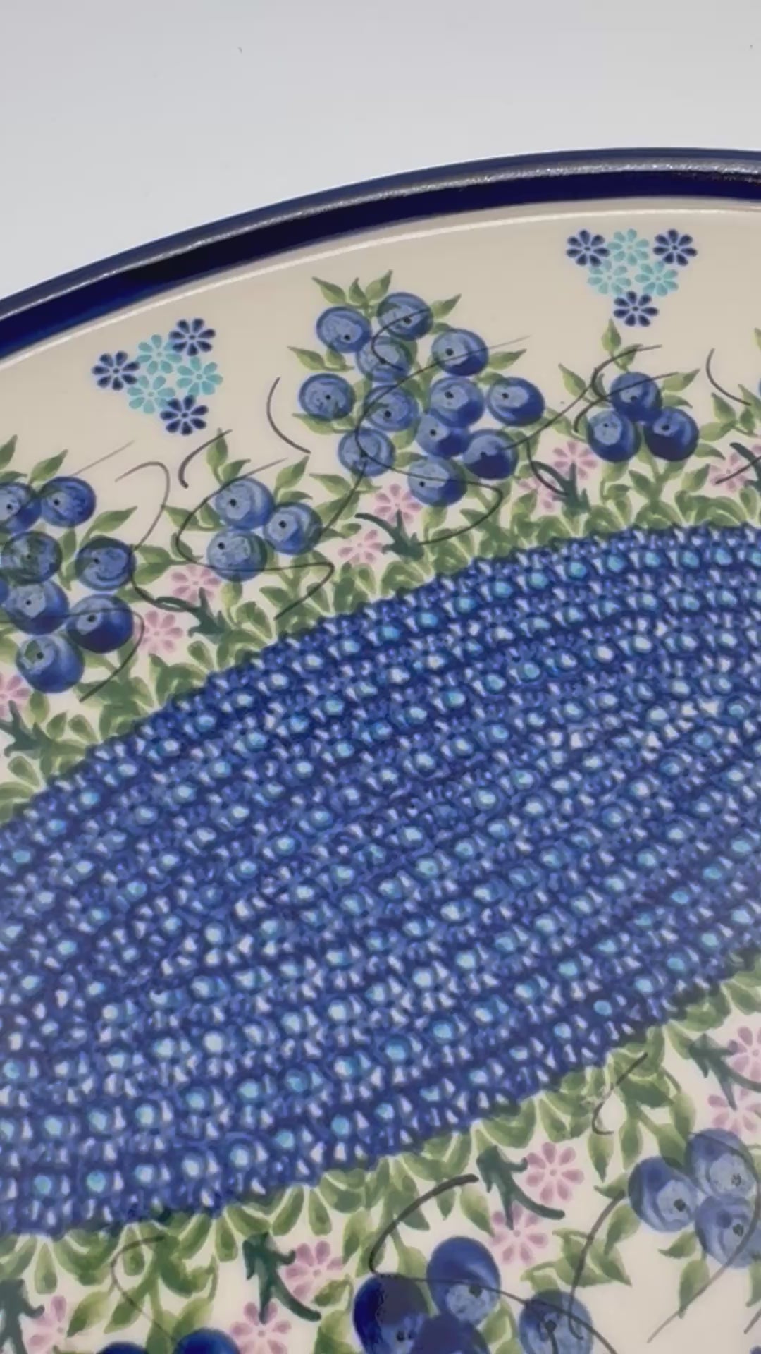 13.5" Oval Tray.  Hand crafted Polish pottery stoneware: UNIKAT Blueberry Design.