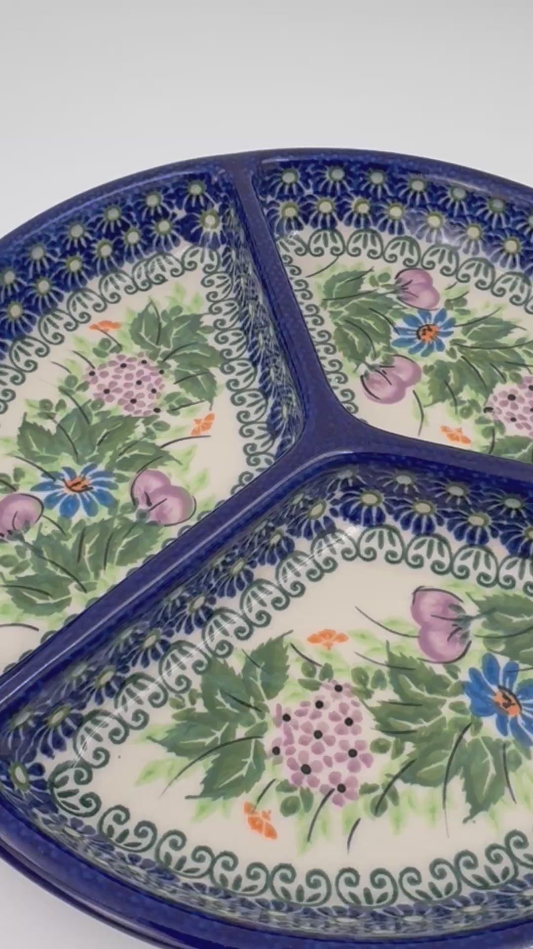 9" Divided Platter  Hand crafted Polish pottery stoneware: UNIKAT Floral Garden Design